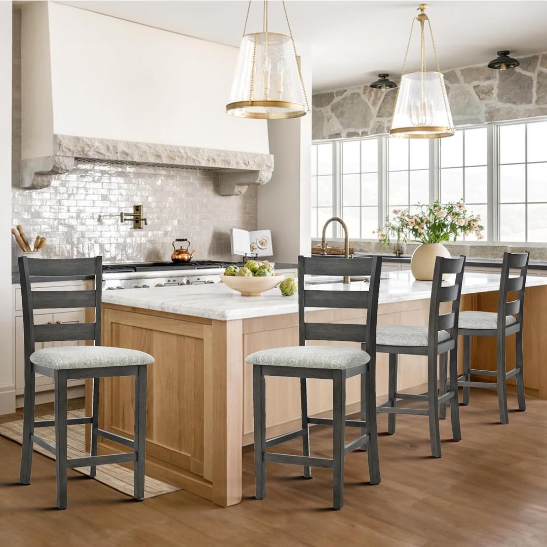 COLAMY Modern Counter Height Bar Stools, Wooden Bar Stools Set of 4, 25 Inch Upholstered Fabric Barstools with Backs and Wooden Legs for Kitchen Island Dining Room Bar Shop, Dark Grey