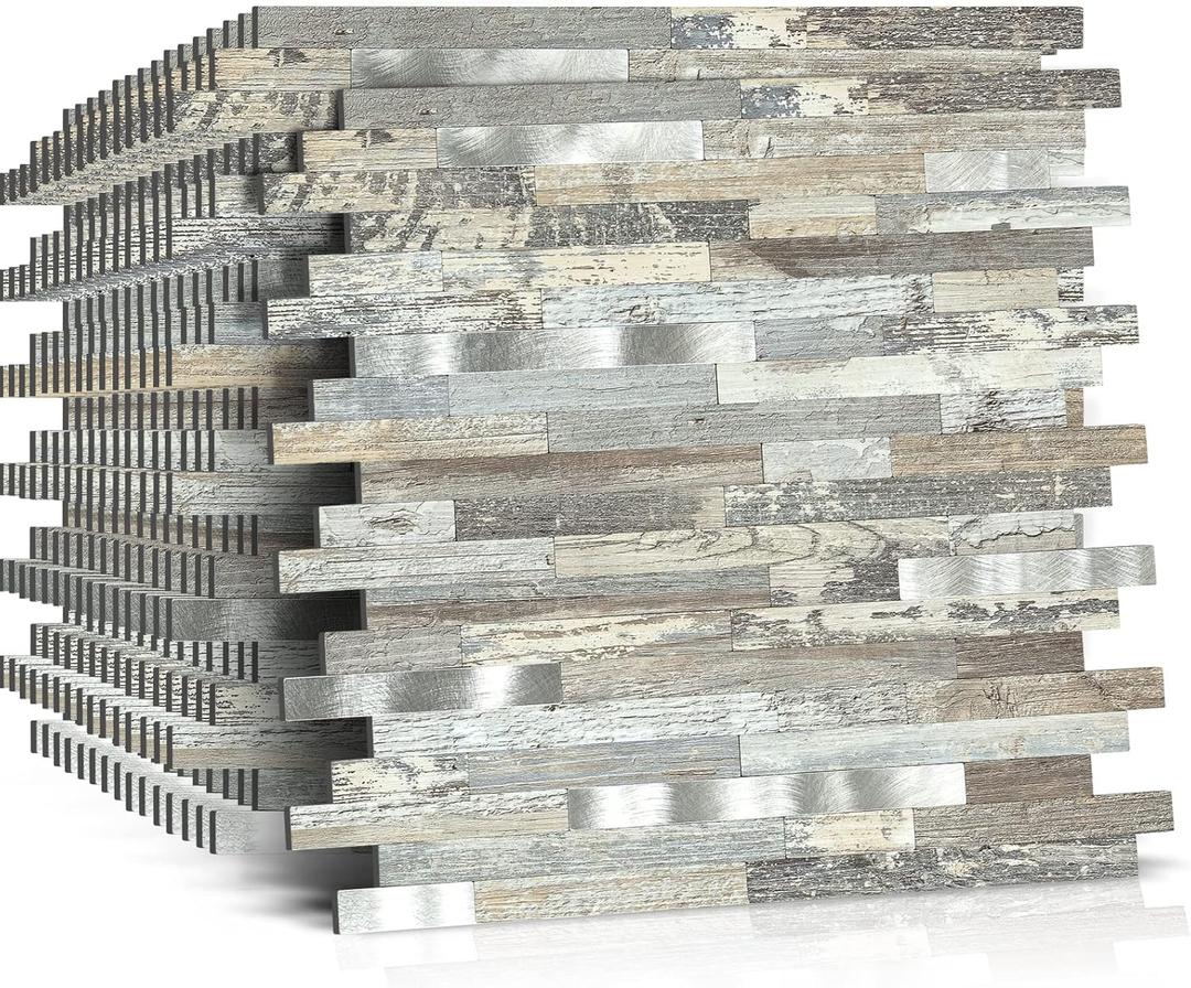 Midcard 10 Pieces Peel and Stick Backsplash PVC Wall Tile,for Kitchen Backsplash,Bathroom,Fireplace,Laundry (Trapezoidal Distressed Silvery Moon)