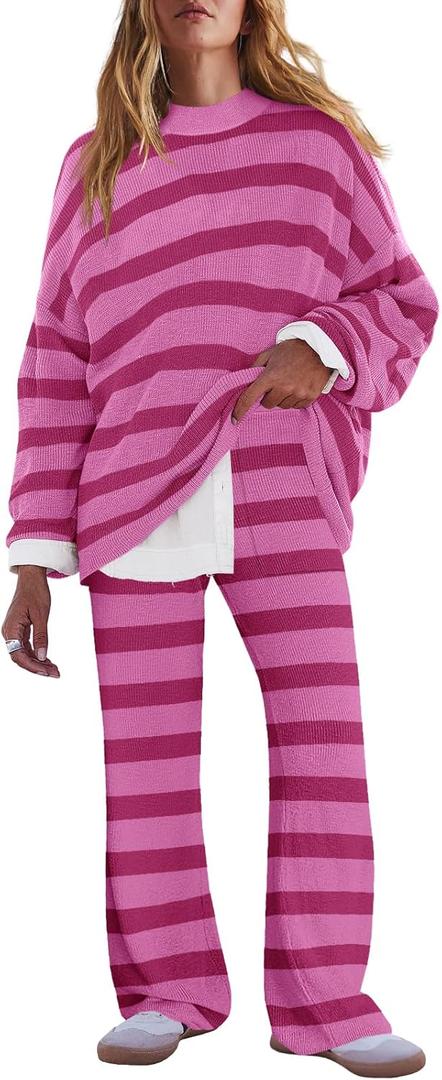 LAMISSCHE Oversized Womens Lounge Set Striped Sweater Set Long Sleeve 2 Piece Pajama Set Top and Pants with Pockets (Small, Hot Pink)