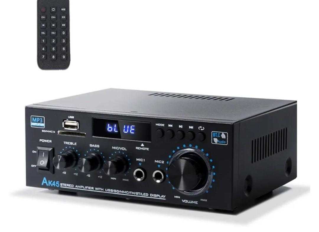 Stereo Receiver & Amplifier Home Audio Amp, AK45 Bluetooth Receiver for Home Stereo, 300Wx2, Bluetooth 5.0, 2 Channel, w/FM & Karaoke, w/USB/SD/RCA/MIC/FM in, w/Remote, for Garage Party
