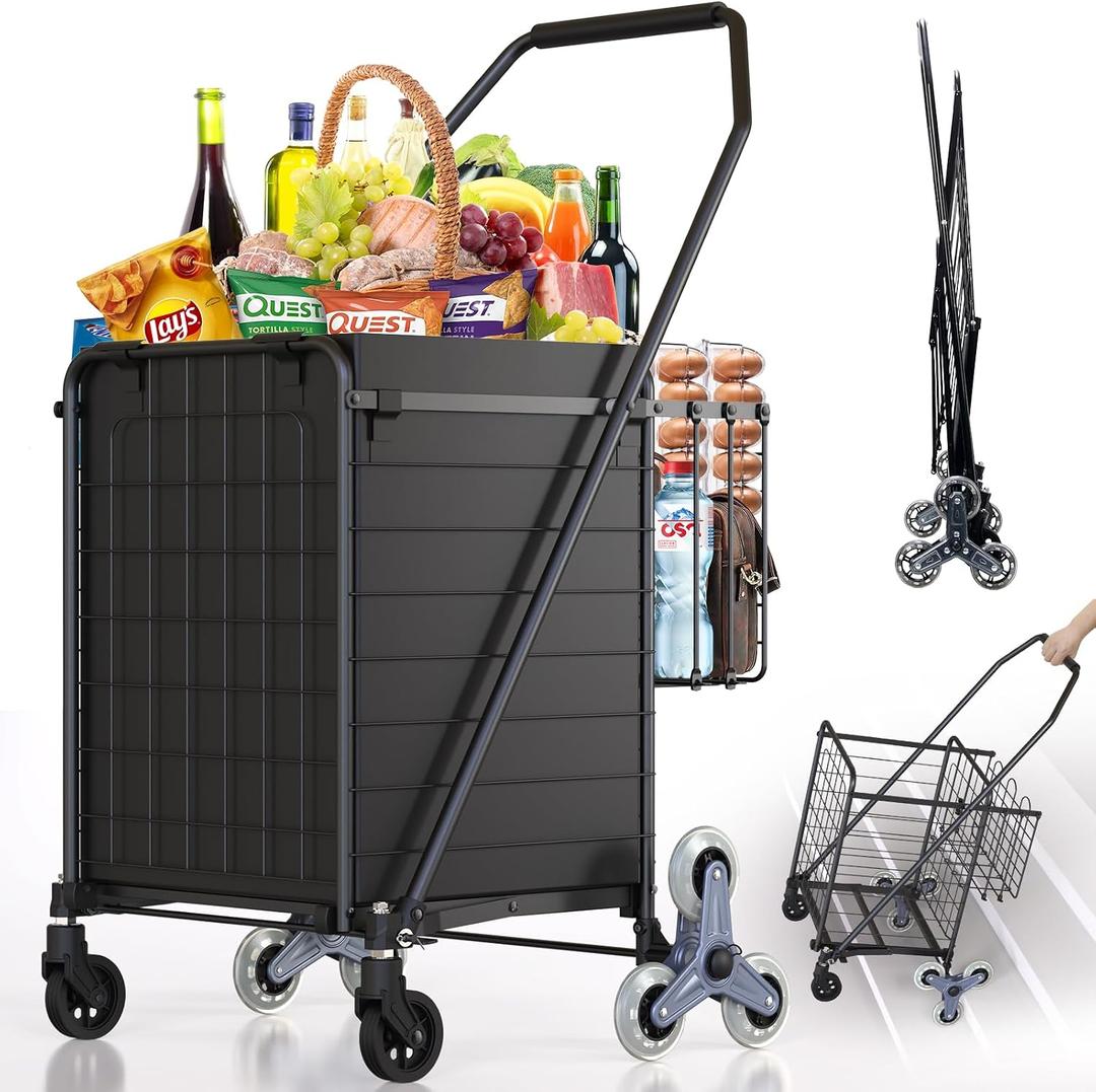 Stair Climbing Shopping Cart for Groceries, 280LBS Load Grocery Cart with Waterproof Liner, 360° Rolling Swivel Wheels, Heavy Duty Utility Cart Folding Shopping Carts for Laundry Luggage Gift