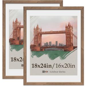 VCK 18x24 Poster Frame 2 Pack, Natural Wood Grain Brown Walnut, Display 16x20 Picture with Mat or 18x24 without Mat, Wall Hanging