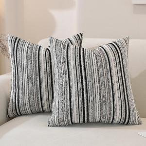 3 x Chenille Throw Decorative Pillow Covers 18x18 Set of 2, Textured Striped Boho Couch Pillow Covers, Cozy Neutral Farmhouse Cushion Cover for Couch Sofa Bedroom Living Room, Black