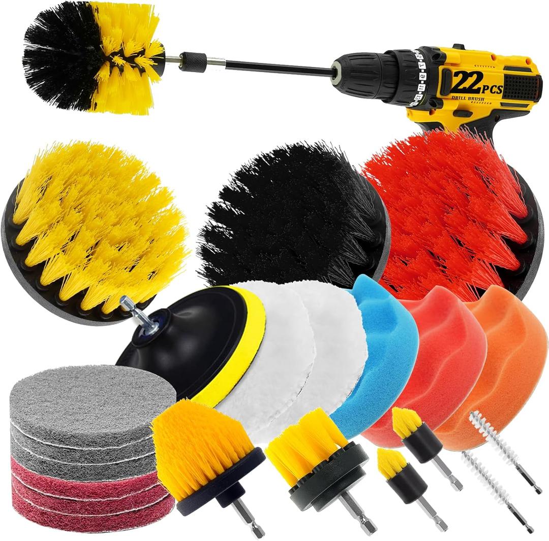 22 Pcs Drill Attachments Set, Scrub Pads & Sponge & Wire Brush, Power Scrubber with Extend Long Attachment, Drill Scrubber Brush Kit for Bathroom, Floor, Car, Grout