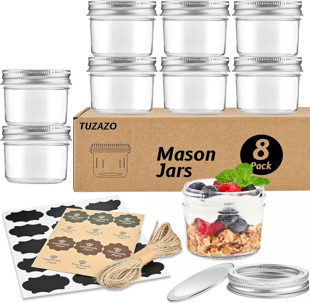 TUZAZO Small Mason Jars 8 Pack, 4 oz Mini Glass Mason Jars with Lids and Labels, Small Glass Canning Jars for Jelly Spice Herbs Honey Jam Storage