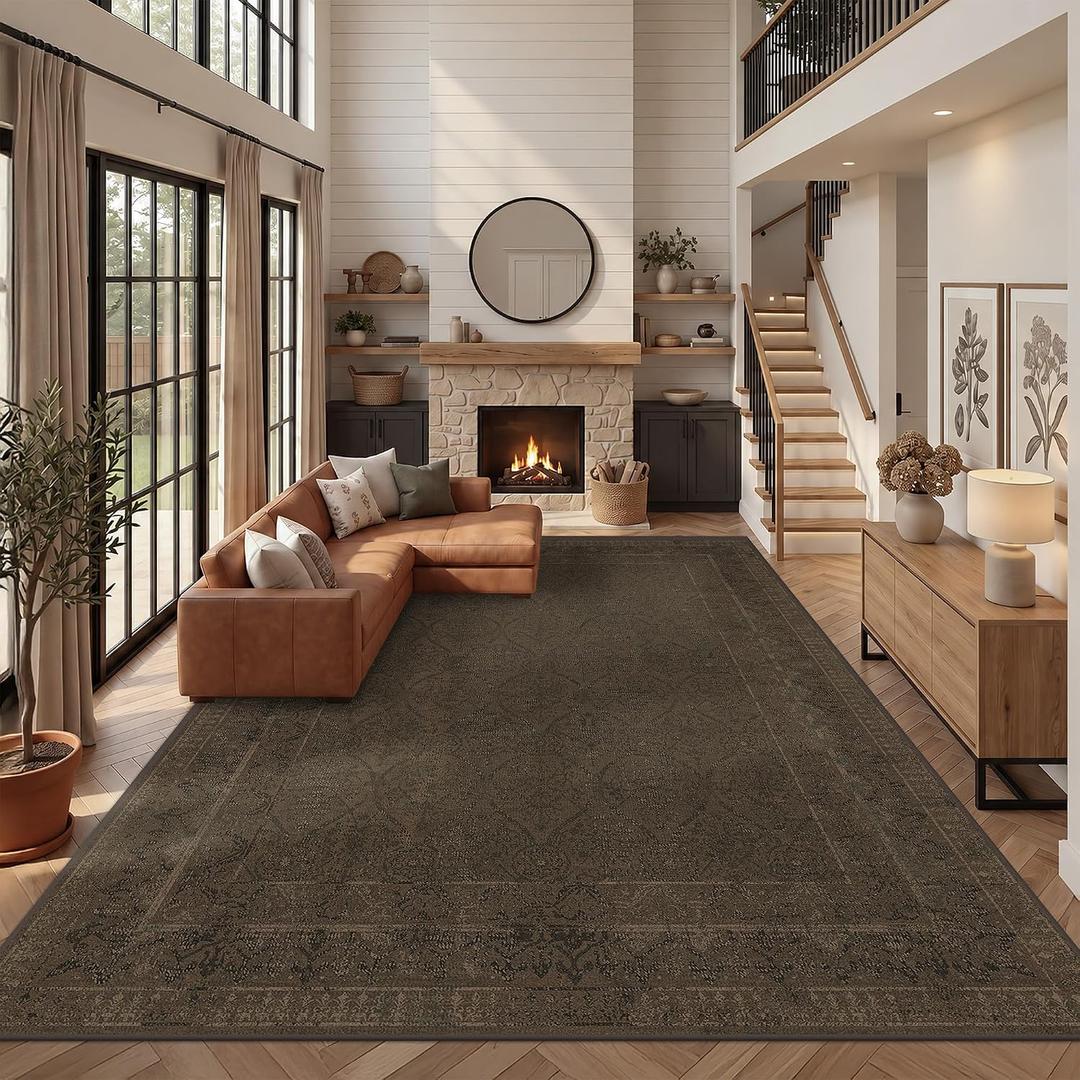 Brown Vintage Washable 9x12 Area Rug for Living Room, Bedroom & Dining Room, Non-Slip Low Pile Stain Resistant Floor Carpet, Modern Farmhouse Décor