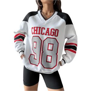 SweatyRocks Women's Color Block Number Graphic Long Sleeve Sweatshirts V Neck Loose Pullover Tops (White, S)