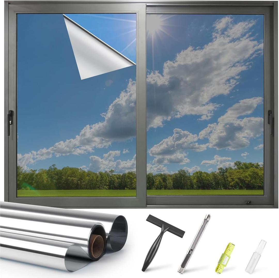 Kromapolis One Way Window Privacy Film Reflective Mirror Home Window Tint, Daytime Privacy Heat Control Anti UV Glass Tinting Static Cling (Silver, 23.6 x 157.4 inch), 23.6In x 157.4In
