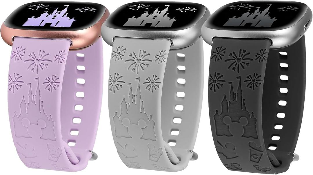 3 Pack Cartoon Engraved Band Compatible with Fitbit Versa 4 Bands/Fitbit Versa 3 Bands/Sense/Sense 2 Band Women, Cute Soft Silicone Replacement Bracelet Sport Designer Fancy Strap (Black/Grey/Lavender)