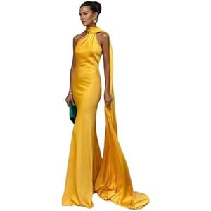 Women's Sexy Satin One Shoulder Backless Sleeveless Maxi Dress with Scarf Elegant Long Formal Evening Dresses Cocktail Gown Wedding Guest Dress Yellow, Size: Medium