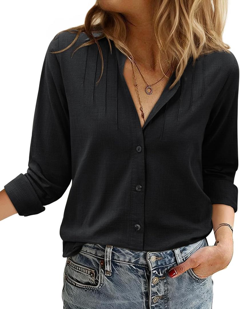 Long Sleeve Womens Dress Shirts Linen Button Down Shirts for Women Business Casual Collared Cotton Blouse Tops (XX-Large, Black)