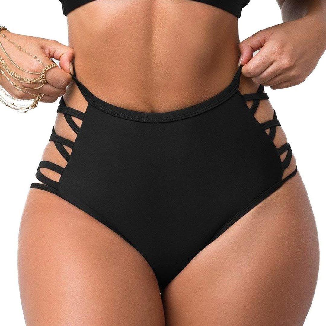 Women Sexy Bikini Bottoms Lace Strappy Sides High Waisted Retro Bathing Suit Underwear Swimsuit (Black, Medium)