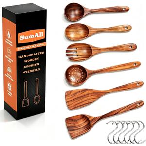 6 PCs Teak Wooden Utensil Set with Hooks, Wooden Spoons for Cooking, Wood Cooking Utensils Set, Comfort Grip, Non Stick Cookware, Easy to Clean, Kitchen Stuff, Wood Spatula