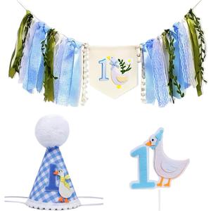 One Funny Goose High Chair Banner for Boys - Funny Goose Theme 1st Birthday Decorations, High Chair Banner First Birthdays Boy, Goose First Birthday Crown Hat & Cake Topper for Party Decor