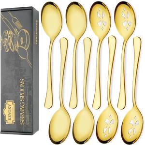 8 Piece Stainless Steel Serving Spoon Set - 4 Large, 4 Slotted,Dishwasher Safe,10-Inch,Gold, for Parties/Kitchen/Buffet/Catering
