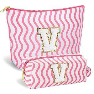 SEFORICO Initial Makeup Bag - Cute Makeup Bag Girl Makeup Bag, Personalized Gifts Teen Girl Gifts Toiletry Bag Cosmetic Travel Bag Makeup Bags Daughter Gifts Mom Gift Birthday Gifts for Women (Pink V)