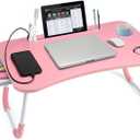 Slendor Lap Desk with Tablet Slot, Foldable Laptop Table with Storage Drawer for Bed, Portable Bed Desk for Laptop, Computer Tray with Cup Holder Notebook Stand Reading Holder for Couch Floor, Pink