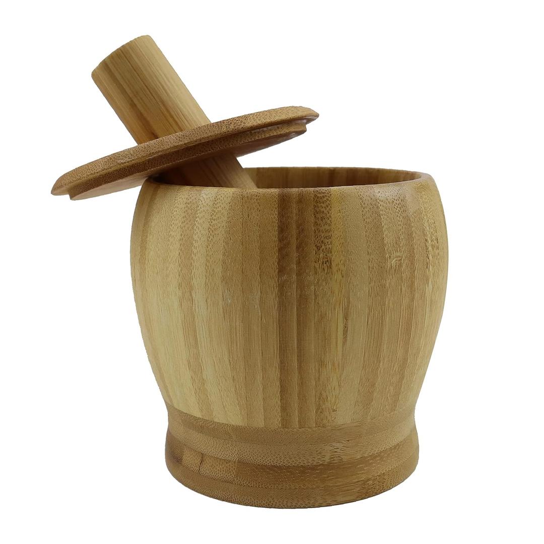 EIKS Bamboo Mortar & Pestle with Lid for Grinding Garlic Spices Herb Ginger Peppercorns Kitchen Tool