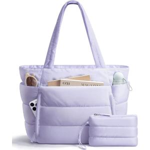 Puffer Tote Bag for Women, Lightweight Puffy Work Handbag Teacher Nurse Quilted Shoulder Bag for School Travel Gym | Cloud Bag w/ Zipper, Daily College Bags, 15.6" Computer Bag, Clinical Nursing Bag, 40 OZ Tumbler Holder, Ideal Gift for Women (Purple)