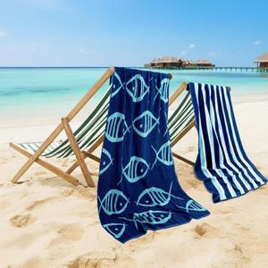 CASA COPENHAGEN Miami Towel 2Pcs Fish Indigo - Indigo Stripe Designer Stripe Beach Towels Gift Set, 30"x60" Oversized 100% Cotton Pool Bath Towel for Beach Gift Set (Summer Gift Set for Women & Men)