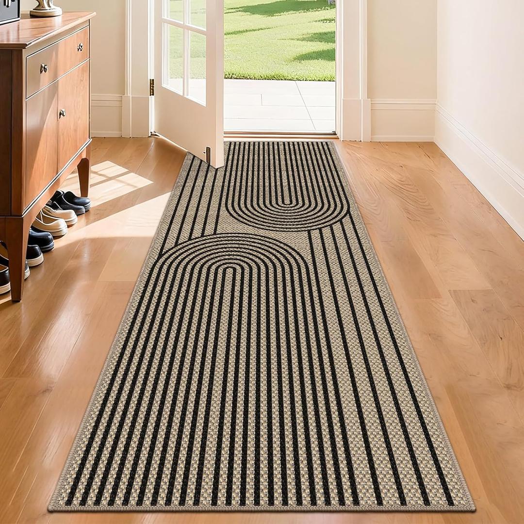 Easy Jute Hallway Runner Rug, 2' x 6' Kitchen Runner, Black Farmhouse Ultra-Thin Washable Non-Slip Carpet Runner for Laundry, Bedroom, Backyard, Outdoor, Home Decor