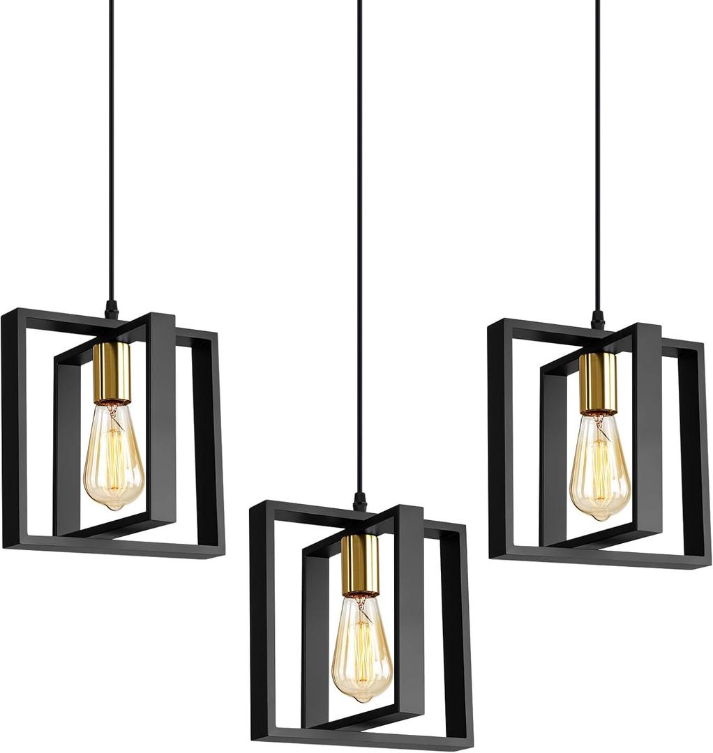 9MMML Black Pendant Lights Kitchen Island Set of 3, Farmhouse Hanging Lamp with 62'' Height Adjustable Cord, Small Wood Ceiling Pendant Light Fixture for Dining Room, Entryway, Foyer