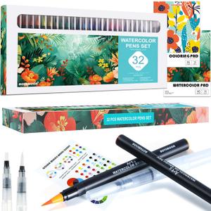 32 Watercolor Pens Set of 26 Vivid Colors Real Brush Tip Pens, Paint Markers Set includes 2 Blendable Pens, Watercolor Book and Coloring Book, Art Supplies Gifts for Girls Teens Beginners and Artists