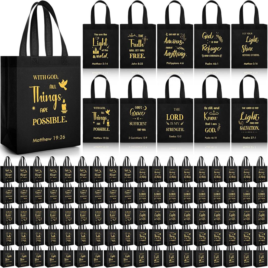 Windyun 100 Pcs Christian Gift Bag Bulk 8" x 4" x 10" Reusable Bible Verse Tote with Handle Religious Scripture Blessing Bags for Church Pastor Welcome Visitors Sunday School Party Favors (Black)