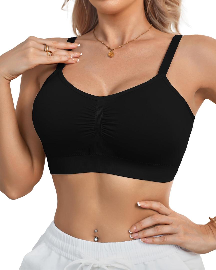 LIIJOO Seamless Wireless Bralette, Scoop Neck Camisole Crop Top, Pleated Front, Wide Band, Removable Pad Inserts, Adjustable Shoulder Straps, Everyday Sleep LoungeBlack, M Size (Black)