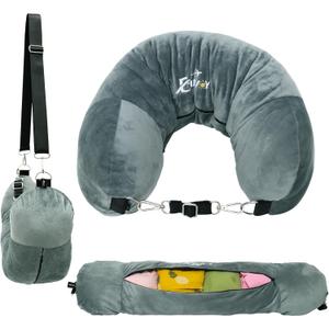 Travel Neck Pillow Stuffable with Clothes, Stuffable Neck Pillow for Travel, Packable Fillable Storage Bag for Airplane Travel, Soft Velvet Neck Pillow Case Cover (Grayish Green)