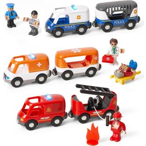 Giant bean 6pcs Magnetic Rescue Train Car Set with Sound & Light  3 in1 Police, Fire & Ambulance Emergency Vehicles, Magnetic Coupling with Action Figures Accessories, STEM Play Toy for Kids 3+