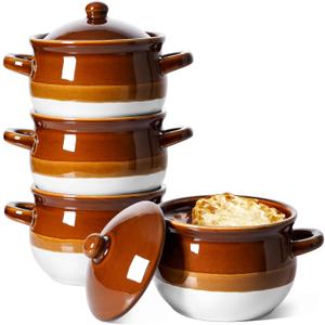 LE TAUCI French Onion Soup Bowls with Lids, 16 oz Ceramic Soup Crocks with Handles, Oven/Microwave/Dishwasher Safe, Set of 4  From Oven to Table for French Onion, Chili, Pot Pies