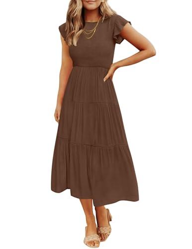 ZESICA Women's 2025 Summer Casual Flutter Short Sleeve Crew Neck Smocked Elastic Waist Tiered Midi Dress,Coffee,  Size M