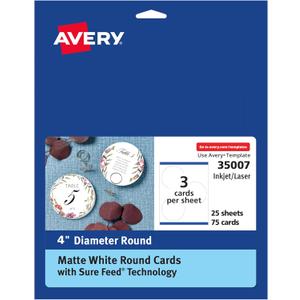 Avery Round Cards, Sure Feed Technology, 4" Diameter, Matte White, 75 Total, Print-to-the-Edge, Laser/Inkjet Printable (35007)
