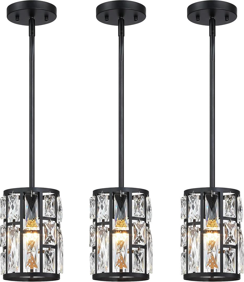 Modern Crystal Pendant Light Fixture 3-Pack Matte Black Finish Hanging Lighting Crystal Chandelier for Living Room, Kitchen, Hallway