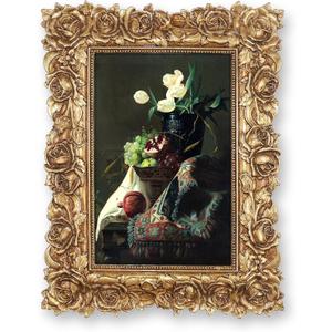 SIMON'S SHOP 5x7 Picture Frame Wall and Tabletop Photo Frames with Rose Flower and Buds Carvings, Vintage Home Decor (Gold)