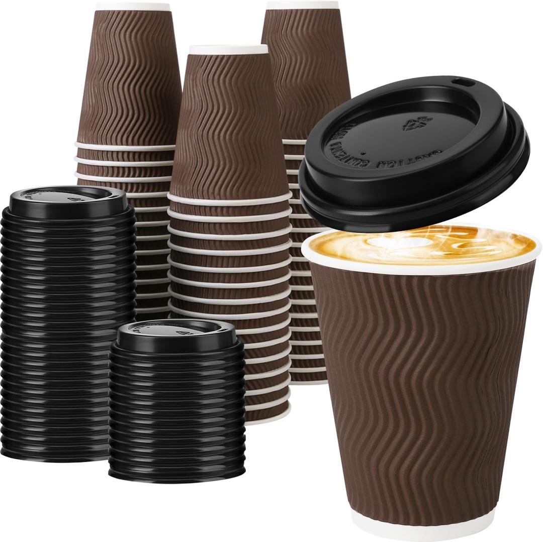 12 oz Disposable Coffee Cups with Lids 50 Pack, To Go Paper Coffee Cups with Lids, Insulated Hot Cups for Hot or Cold Beverages (Brown)