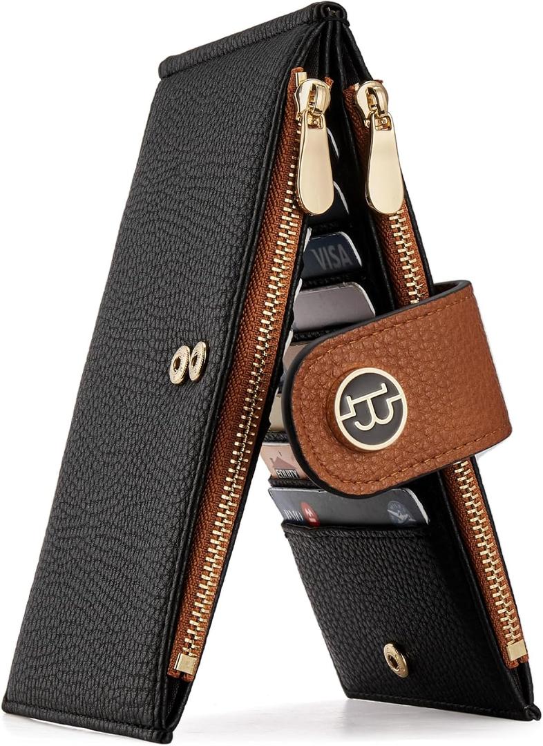 BOSTANTEN Leather Wallets for Women RFID Blocking Slim Bofild Purse Card Holder with Zipper Pocket (Medium, 1-Black+Brown)