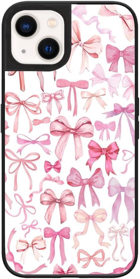Case for iPhone 14 and iPhone 13, Trendy Aesthetic Pink Ribbon Bow Pattern Print, Glossy Hard PC Back Soft TPU Bumper, Slim Shockproof Anti-Scratch Cover for Teen Girls Women