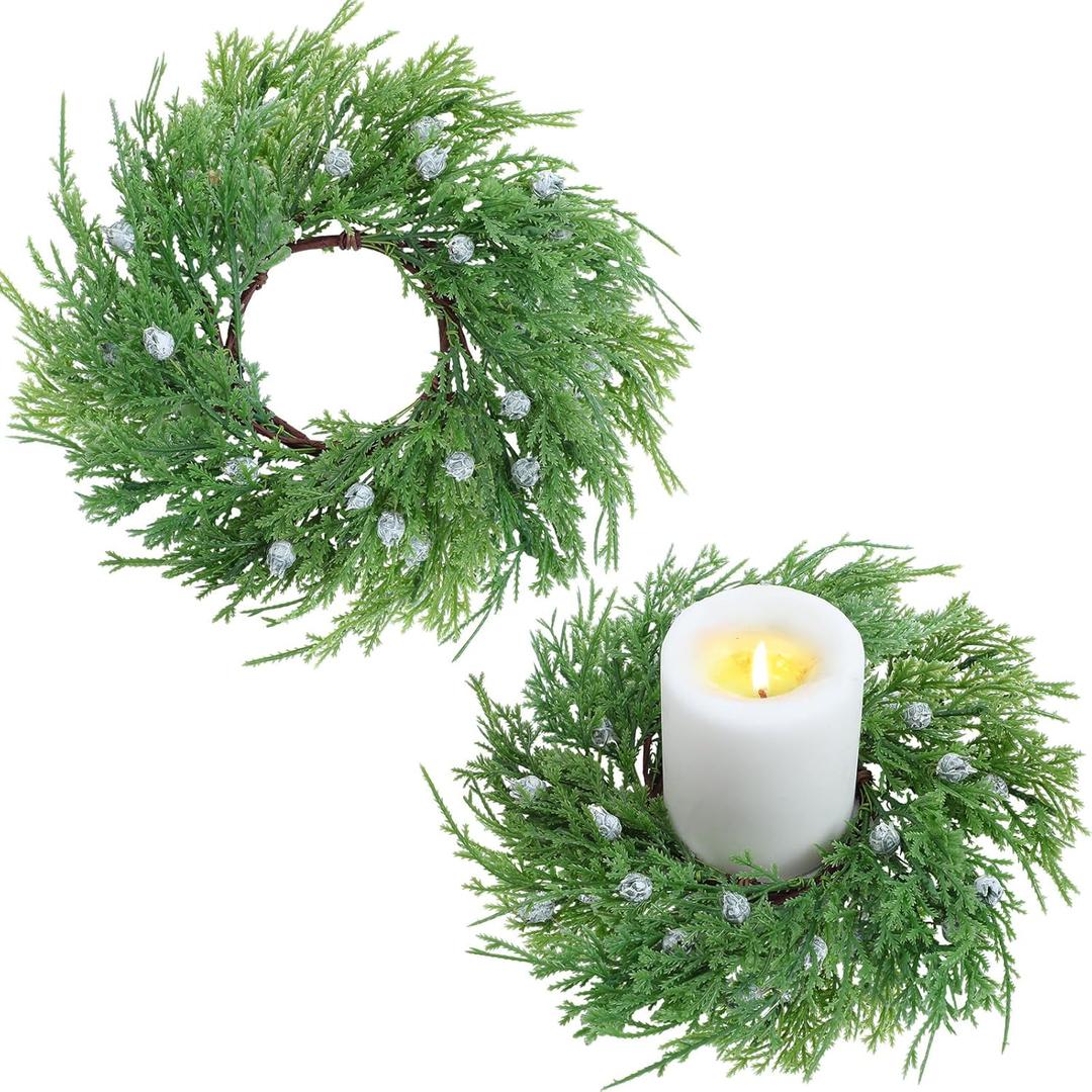 2 Pcs Christmas Cedar Candle Rings Wreaths 4 Inch Juniper Berry Candle Rings for Pillar Artificial Candleholder for Christmas Table Centerpiece Home Decor