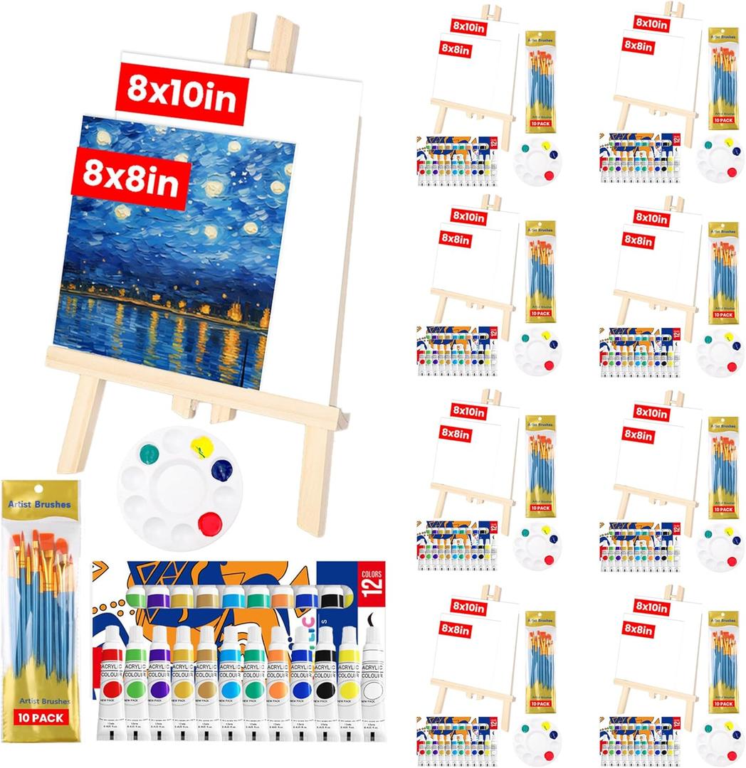 208 Pieces Canvas Painting Kits for Adults Kids, 8 Set 12 Color Acrylic Paint Kit, 16 Canvases, 8 Wood Easels, 8x10 Size Brushes, 8 Palettes, 8inch Canvas and Easel Set for Party Artists and Beginner