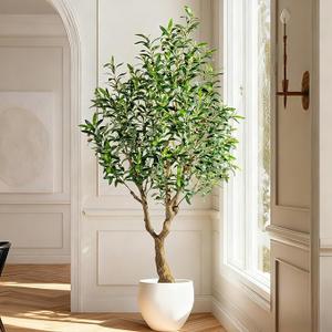 6FT Faux Olive Tree with Tall Exquisite Planter Artificial Olive Tree Tall, Potted Fake Olive Plant with 1260 Real Touch Leaves, Indoor Outdoor Home Garden Office Decor