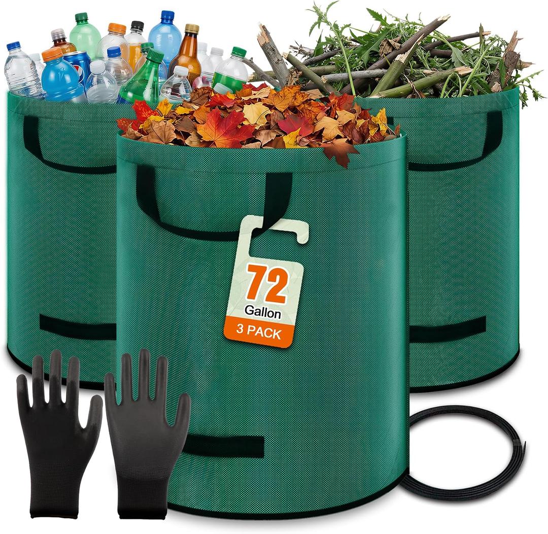 Kendo 72 Gallon Reusable Yard Bags, Heavy Duty 3 PCS Garden Leaf Bags with 4 Reinforced Handles for Fall Leaf Cleanup Grass Clippings Camping Trash