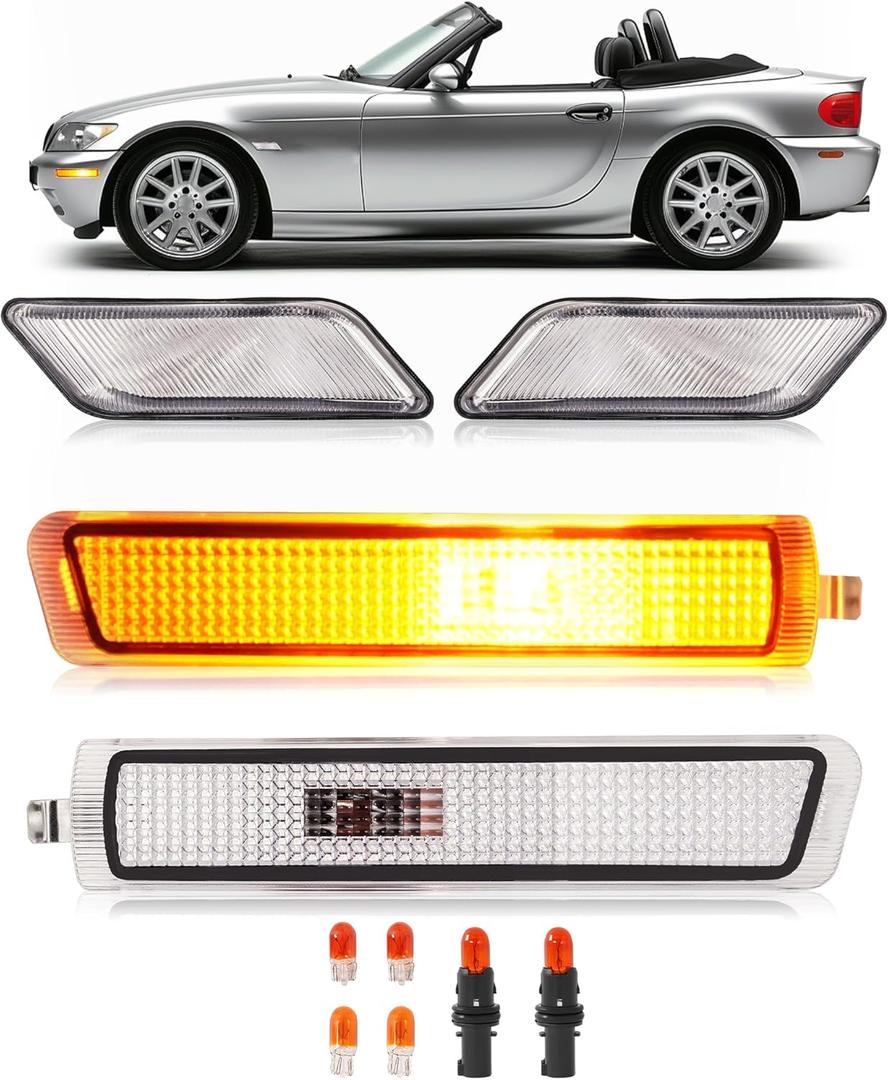 HECASA 4 PCS Halogen Front Bumper Light+Side Marker Light Compatible with 1996-2002 BMW E37 Z3 Roadster/M Coupe/M Roadster Replacement for 63148400409 63148400410 w/Bulbs Clear Lens Left&Right Side
