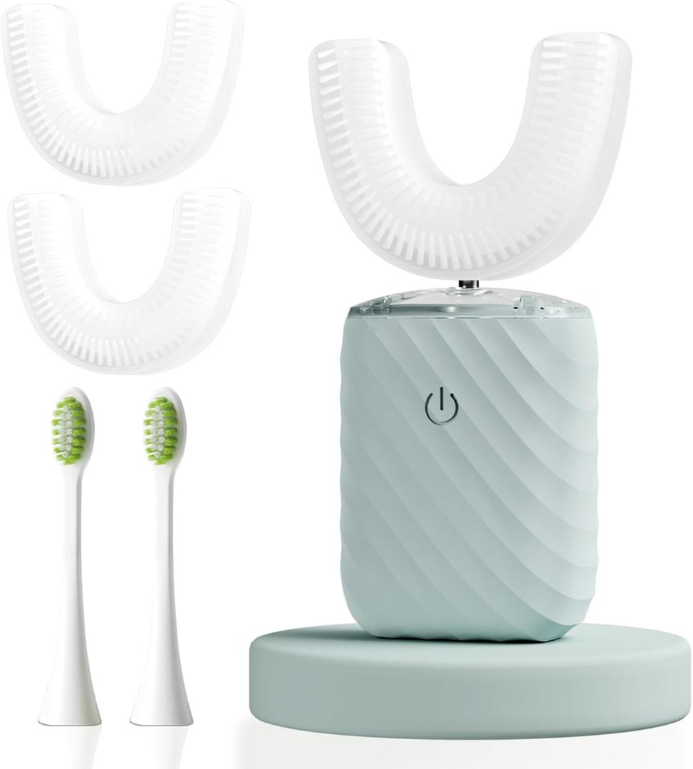Ultrasonic Automatic Electric Toothbrush for Adults- U Shaped self Brushing Toothbrush, 360 Mouth Cleaning, 5 Modes for Whitening, IPX7 Waterproof Rechargeable (Light Blue)