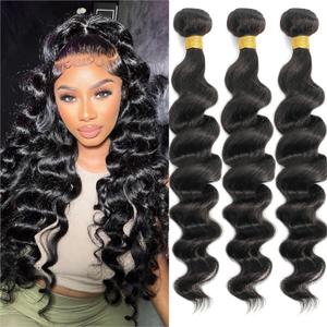 18A Human Hair Bundles 22 24 26 Inch Loose Wave Bundles Human Hair 100% Unprocessed Brazilian Virgin Hair 3 Bundles Double Weft Hair Extensions for Black Women Natural Black