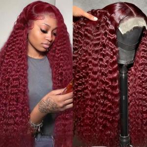 22 Inch Wigs Human Hair 99j Burgundy 5x5 HD Transparent Deep Wave Lace Front Wigs Human Hair 180 Density Pre Plucked Brazilian Virgin Red Wig Human Hair For Black Women
