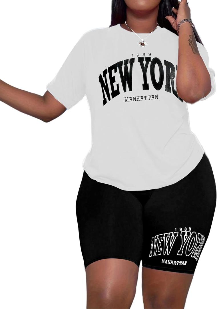 Hilinker Womens Letter Graphic 2 Piece Outfits Summer Casual Short Sets Workout Sweatsuits White Black New York X-Large