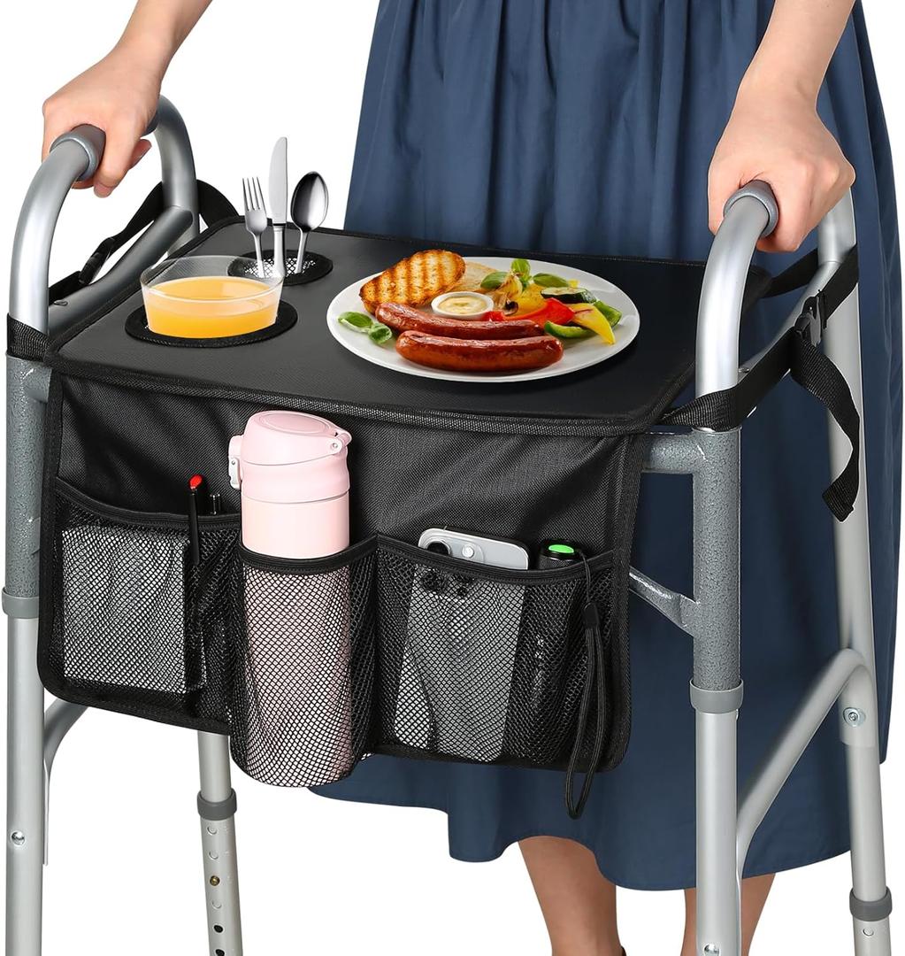 Walker Tray for Folding Walker, Trays for Walkers for Seniors Detachable with Cup Holder,Walker Trays for Rolling Folding Walker,Walker Accessories for Elderly (Black With Pockets 2.0)