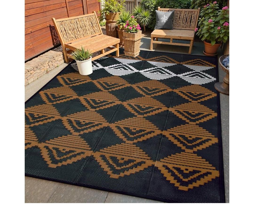 Lahome Outdoor Rugs 8x10 Waterproof, Reversible Plastic Large Outdoor Rug for Patios, Outside RV Mat Carpet for Patio Deck Porch Backyard Balcony Picnic Trailer (Black/Brown, 8' x 10')